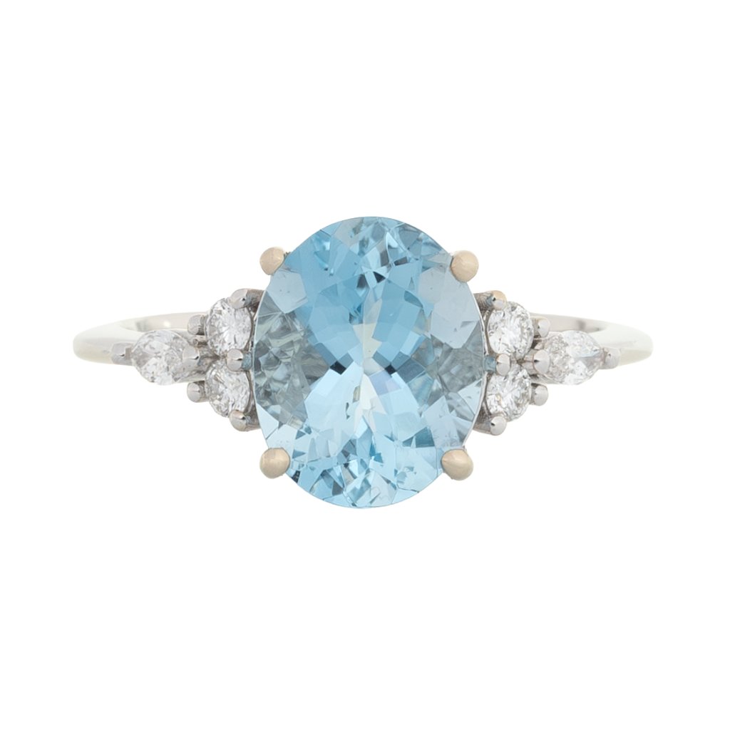 2.3ct Oval Aquamarine Ring With Natural Diamond Accents In Solid 14k White Gold